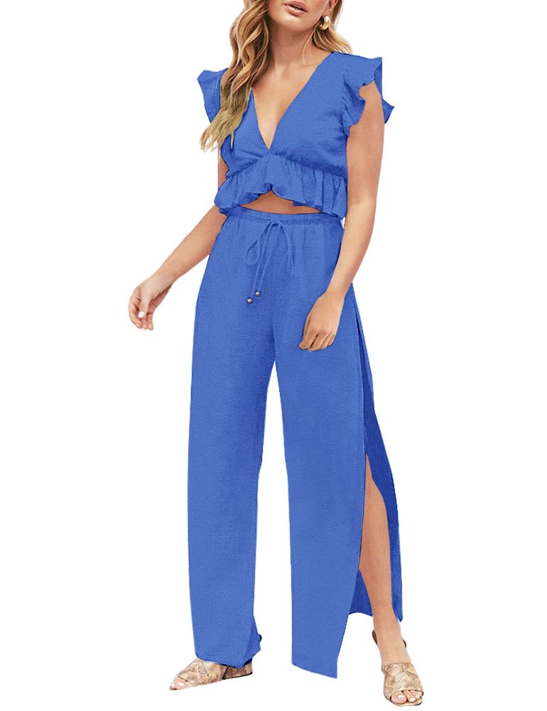 FANCYINN Womens Two Pieces Outfits Deep V Neck Crop Top Side Slit Drawstring Wide Leg Pants Set Jumpsuits Royal Blue L - Image 1